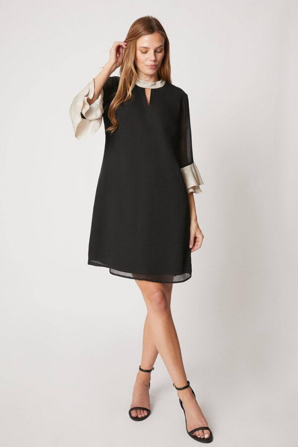 Womens Foil Trim Ruffle Sleeve Shift Dress