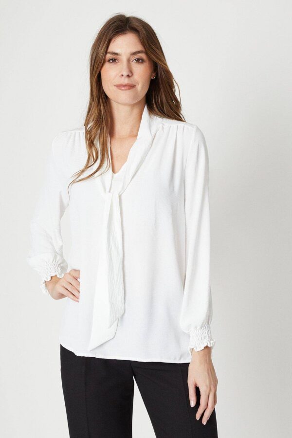 Womens Tie Neck Shirred Cuff Top