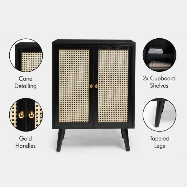 Spinningfield Black Sideboard, 2 Door Sideboard Unit, Cane 2 Cupboard Storage Cabinet, Art Deco Display Case, 2 Interior Shelves - Image 3