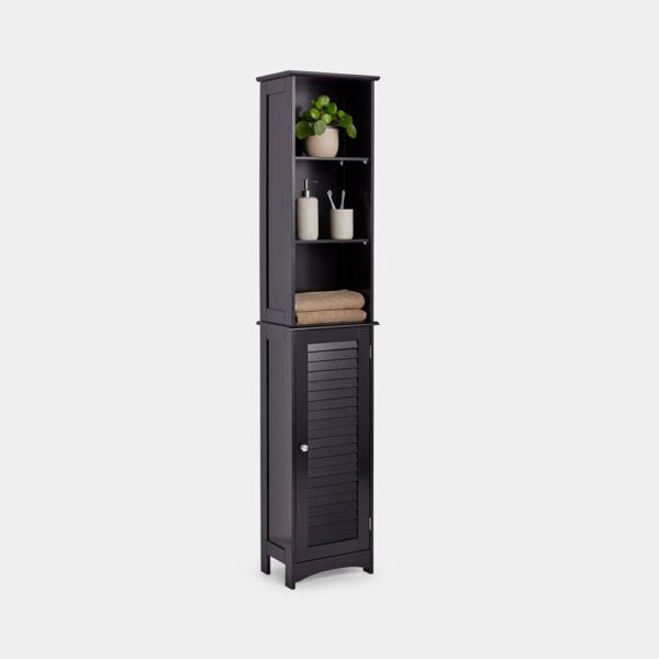 VonHaus Tall Bathroom Cabinet – Freestanding Storage Cupboard – Slimline Tallboy Unit with 6 Shelves and 1 Door – Wooden Shutter Style Furniture