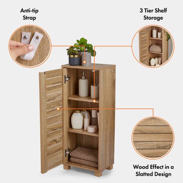 VonHaus Bathroom Storage Cabinet – Oak Wood Effect Bathroom Floor Cabinet w/Handleless Design - Small Floor Standing Cabinet w/Cupboard - Storage Unit - Image 2