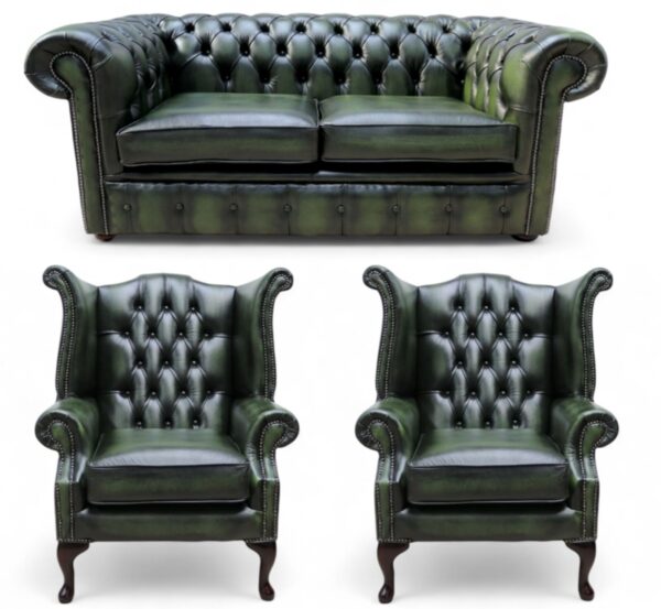 Chesterfield 2+1+1 Leather Suite Offer Antique Green Leather