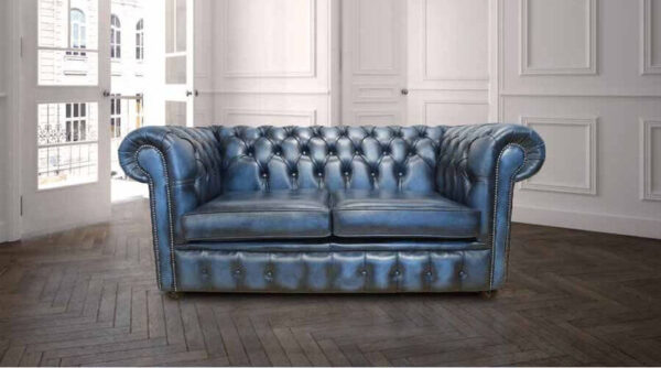 Chesterfield 2 Seater Sofa Antique Blue Real Leather