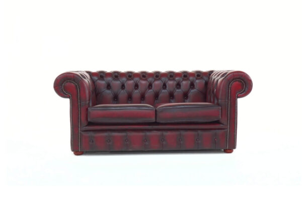 Chesterfield 2 Seater Sofa Antique Oxblood Red Real Leather