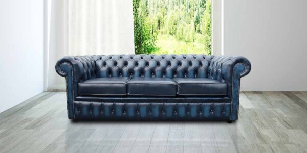 Chesterfield Handmade 3 Seater Antique Blue Real Leather Sofa