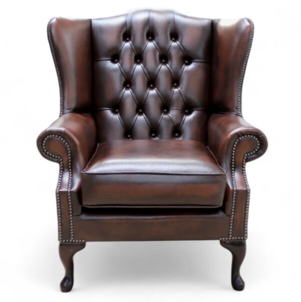 Chesterfield Mallory Flat Wing Queen Anne High Back Wing Chair Antique Brown Real Leather