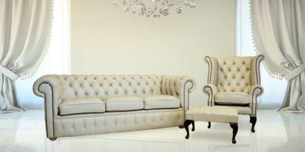 Chesterfield 3+1+Footstool in Shelly Cream Leather
