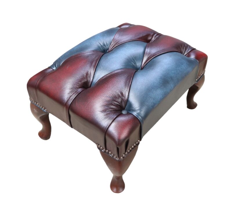 Chesterfield Duke Timeless Queen Anne Patchwork Antique Oxblood & Blue Leather Footstool