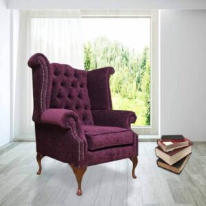 Chesterfield Fabric Queen Anne High Back Wing Chair Aubergine Velvet