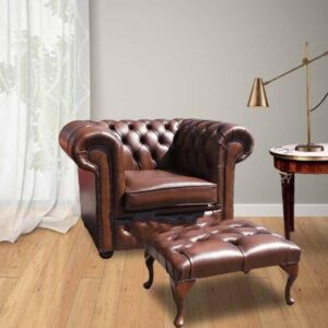Chesterfield Low Back ArmChair Antique Tan Leather Sofa + Footstool