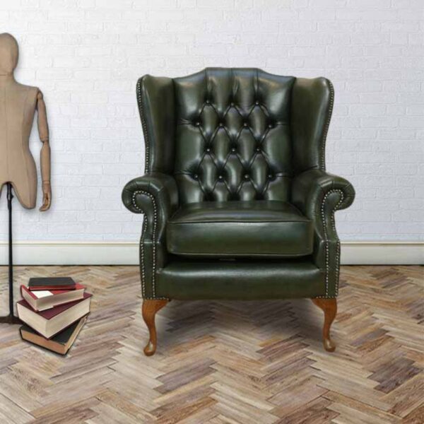 Chesterfield Mallory Flat Wing High Back Wing Chair Antique Green Real Leather
