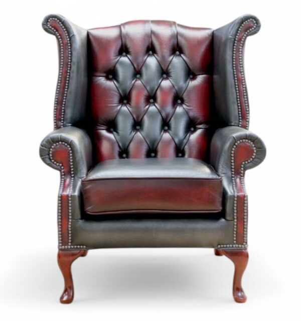 Chesterfield Patchwork Devil Queen Anne Wing Chair Antique Real Leather