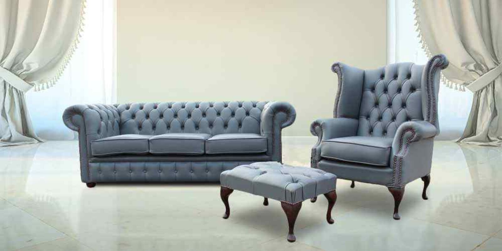 Chesterfield Soft Vele Iron Grey Leather Sofa Offer 3+1+ Footstool