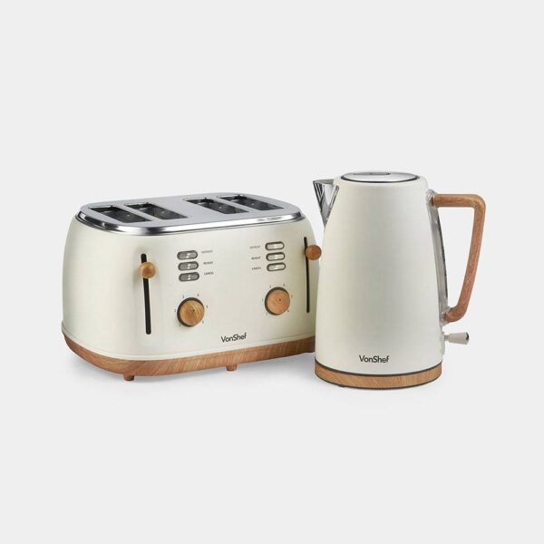 Fika Cream & Wood Kettle & 4 Slice Toaster Set