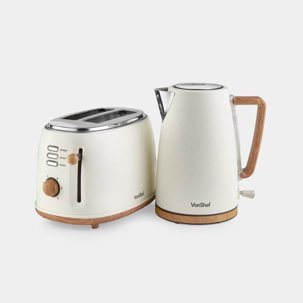 Fika Cream & Wood Kettle & 2 Slice Toaster Set