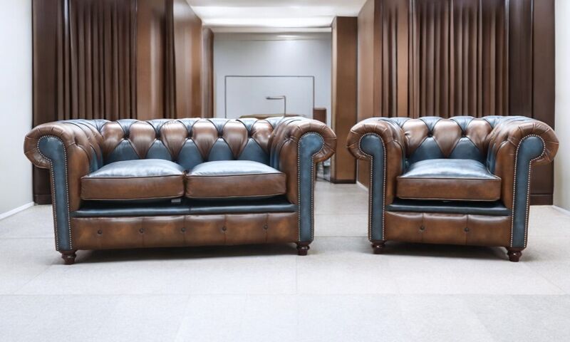 Duke Patchwork Heritage Chesterfield 2+Club Seater Sofa Suite Antique Tan & Blue Leather