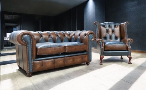 Duke Patchwork Heritage Chesterfield 2+Queen Anne Chair Sofa Suite Antique Tan & Blue Leather