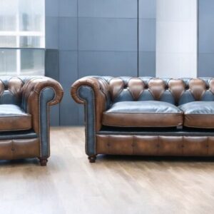 Duke Patchwork Heritage Chesterfield 3+Club Seater Sofa Suite Antique Tan & Blue Leather