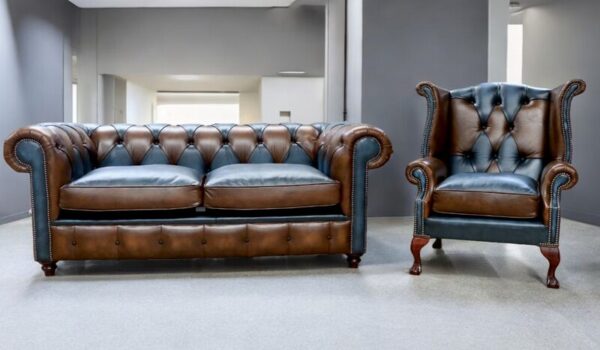 Duke Patchwork Heritage Chesterfield 3 + Queen Anne Chair Sofa Suite Antique Tan & Blue Leather