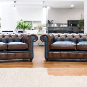 Duke Patchwork Heritage Chesterfield 3+2 Seater Sofa Suite Antique Tan & Blue Leather