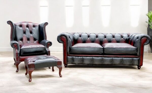 Duke Patchwork Devil Chesterfield 3 + Queen Anne Chair + Footstool Sofa Suite Antique Leather