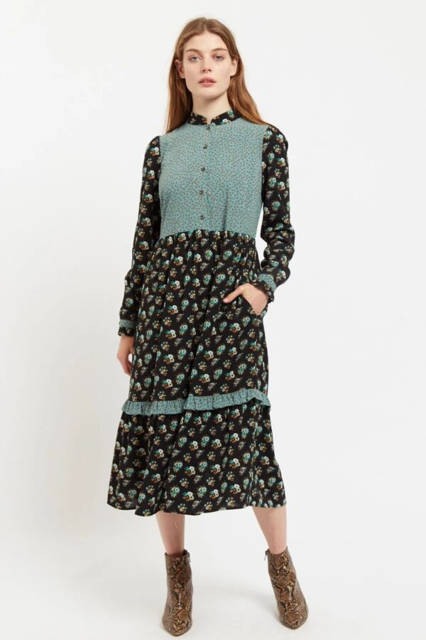 Louche Elsie Posy Patchwork Print Tiered Long Sleeve Midi Dress