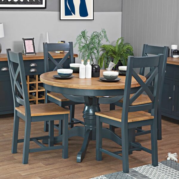 Hampshire Blue Painted Oak Round Pedestal Extending Dining Table