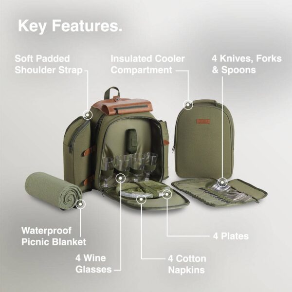 Dark Green Picnic Backpack - 4 Person - Image 4