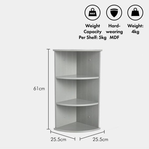 VonHaus Corner Shelf Unit - Grey 3 Tier Bathroom Shelving - Freestanding or Wall Mounted Display Shelves & Decor Stand - Tongue & Groove - Image 4