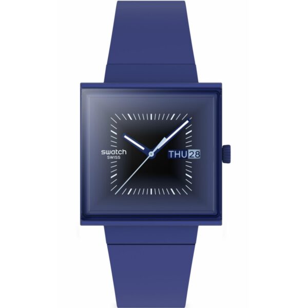 Swatch Squarely Blacklight Dark Blue Dial Silicone Strap Unisex Watch SO34N700