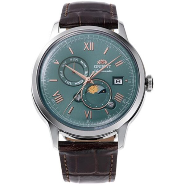 Orient Bambino Sun & Moon Green Dial Leather Strap Men's Watch RA-AK0805E30B