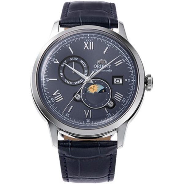 Orient Bambino Sun & Moon Blue Dial Leather Strap Men's Watch RA-AK0806L30B