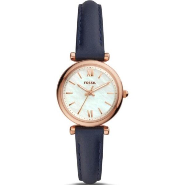 Fossil Carlie Mini Navy White Mother-Of-Pearl Dial Leather Strap Ladies Watch ES4502