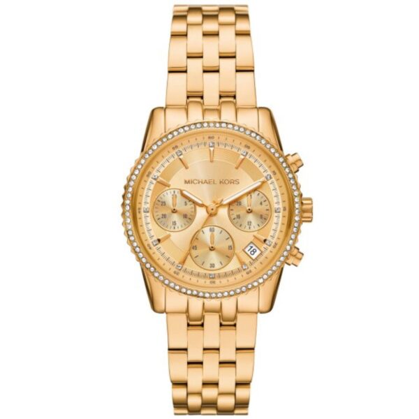 Michael Kors Mini Ritz Chronograph Gold Dial Gold-Tone Stainless Steel Strap Ladies Watch MK7530