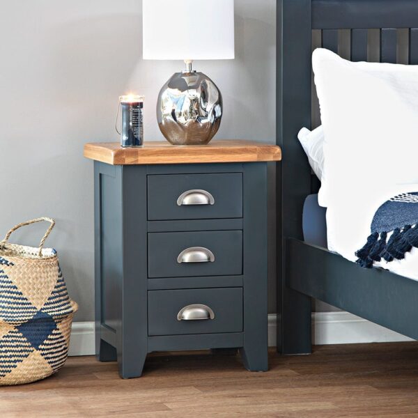 Hampshire Blue Painted Oak Large 3 Drawer Bedside Table