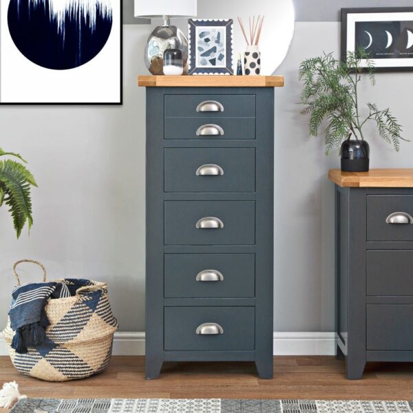 Hampshire Blue Painted Oak 5 Drawer Tallboy