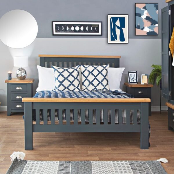 Hampshire Blue Painted Oak King Size Bed Frame High Foot End