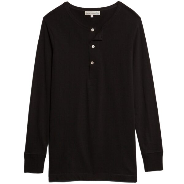 Button Facing Deep Henley Long Sleeve T-Shirt - Black