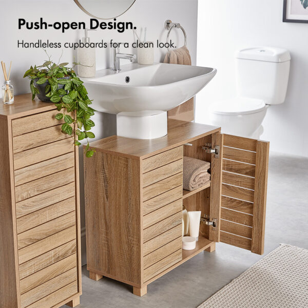 VonHaus Under Sink Bathroom Cabinet - Oak Wood Effect Under Sink Storage with Handleless Design - Freestanding Under Basin Cabinet with 2 Internal - Image 3