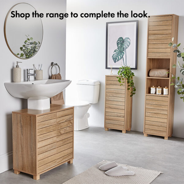 VonHaus Under Sink Bathroom Cabinet - Oak Wood Effect Under Sink Storage with Handleless Design - Freestanding Under Basin Cabinet with 2 Internal - Image 4