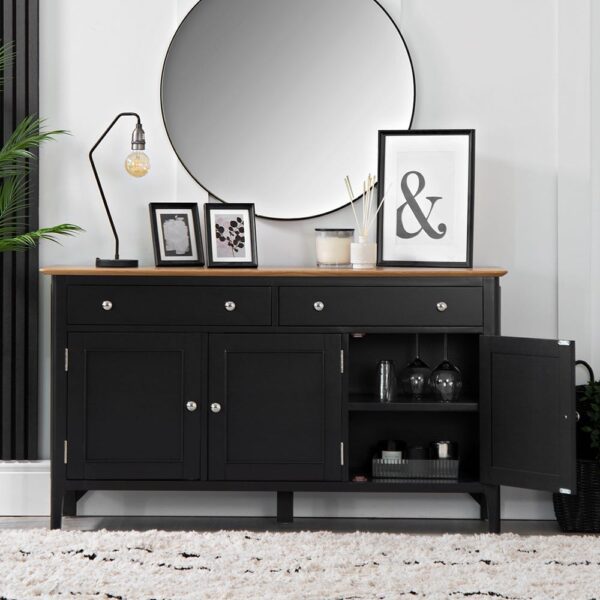 Bergen Black Painted Oak 3 Door 2 Drawer Large Sideboard