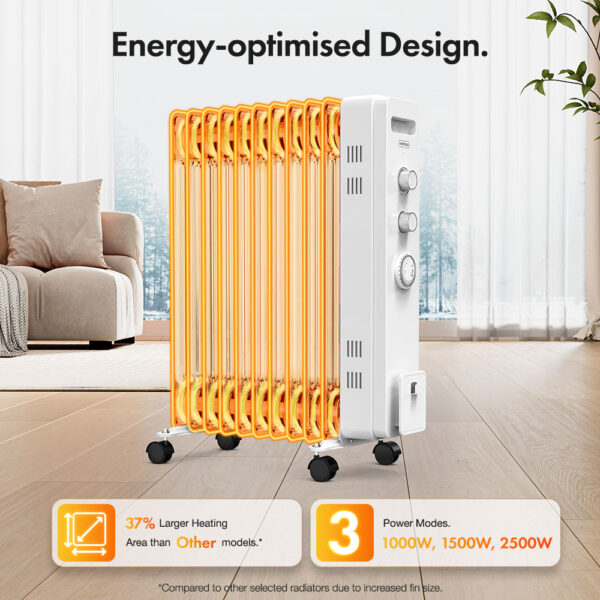 Large Oil Filled Radiator with Timer 2500W - White - Image 4