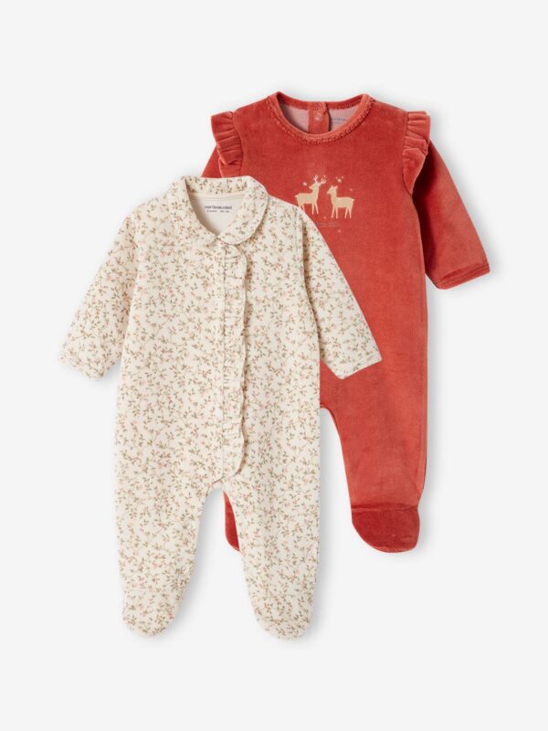 Pack of 2 Sleepsuits in Velour for Baby Girls ecru