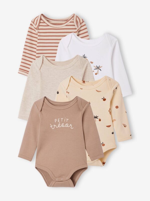 Pack of 5 Long Sleeve Bodysuits with Cutaway Shoulders for Babies cappuccino