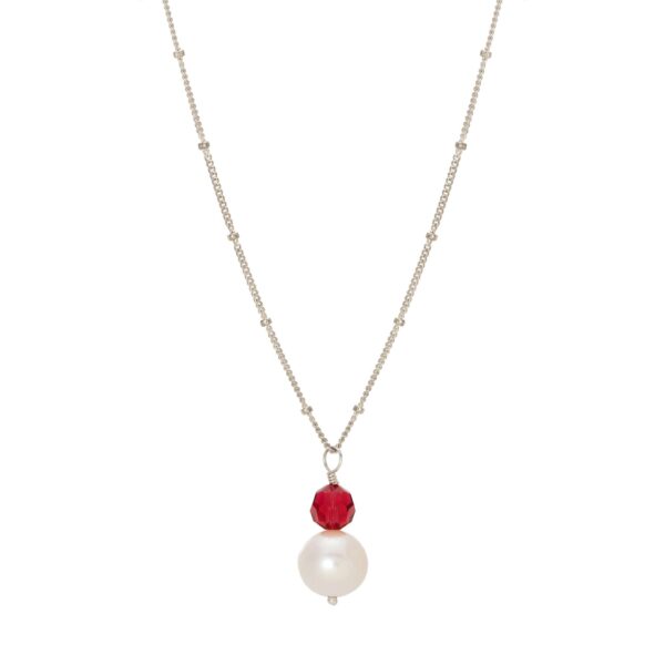 Pearl and Crystal Necklace | Crystal Colour: Scarlet | Chain Style: Satellite Chain | Chain Length: 16 Inch