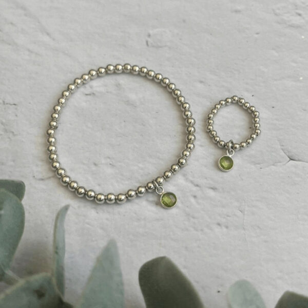 Peridot Birthstone Jewellery Set | Metal: Sterling Silver | Bracelet Size: 18.5cm | Ring Size: 7cm