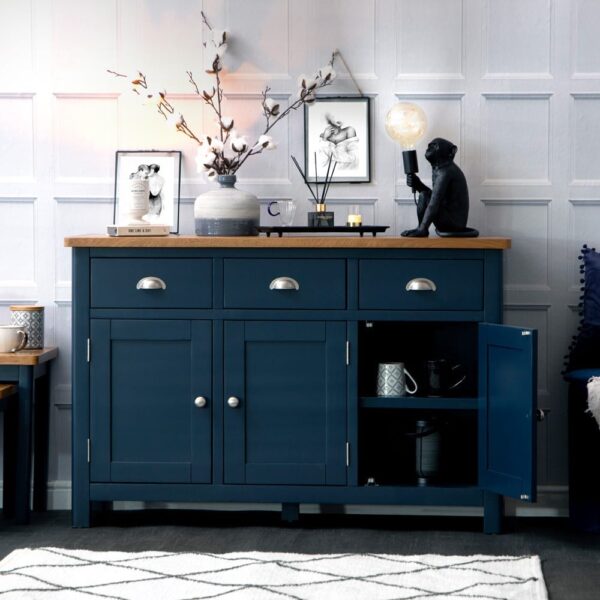 Rutland Blue Painted Oak 3 Door 3 Drawer Large Sideboard