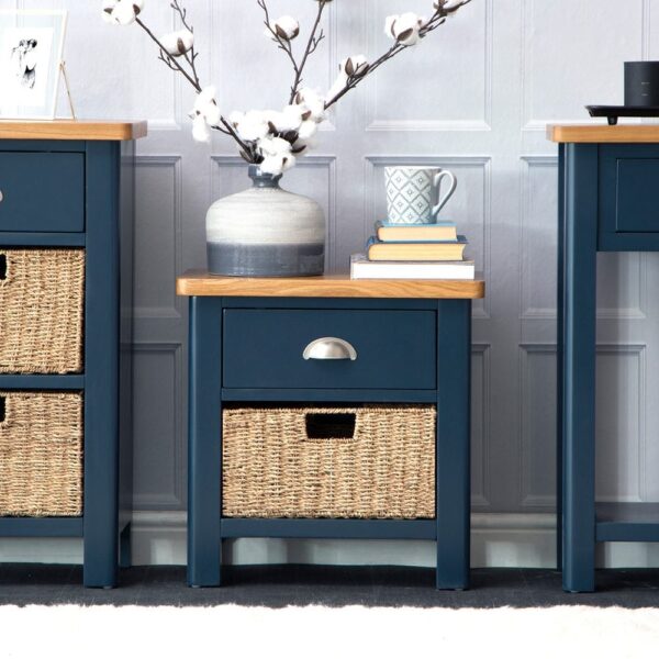 Rutland Blue Painted Oak 1 Drawer 1 Wicker Basket Cabinet