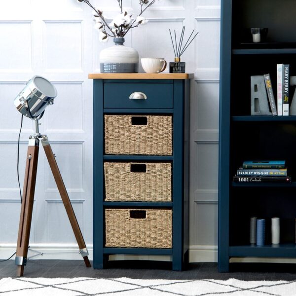 Rutland Blue Painted Oak 1 Drawer 3 Wicker Basket Cabinet