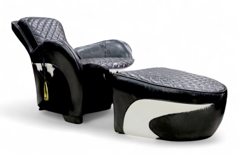 Rodeo Saddle Vintage Black Lounge Distressed Real Leather Chair With Footstool